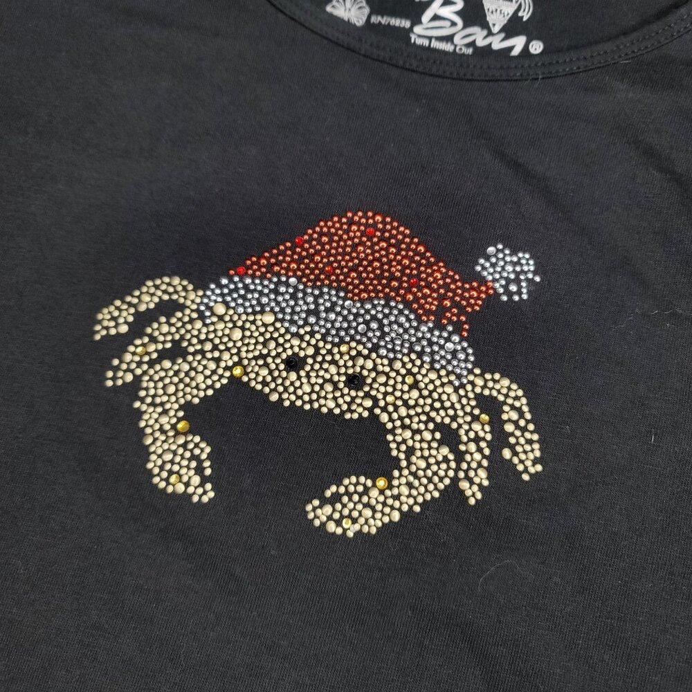 Coral Bay Christmas Crab Rhinestone Embellished Black 3/4 Sleeve Shirt Cotton L